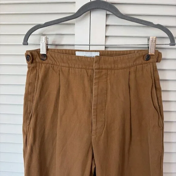 King & Tuckfield men's Tan Tab trousers 29 linen cotton toffee pleated *flaws*